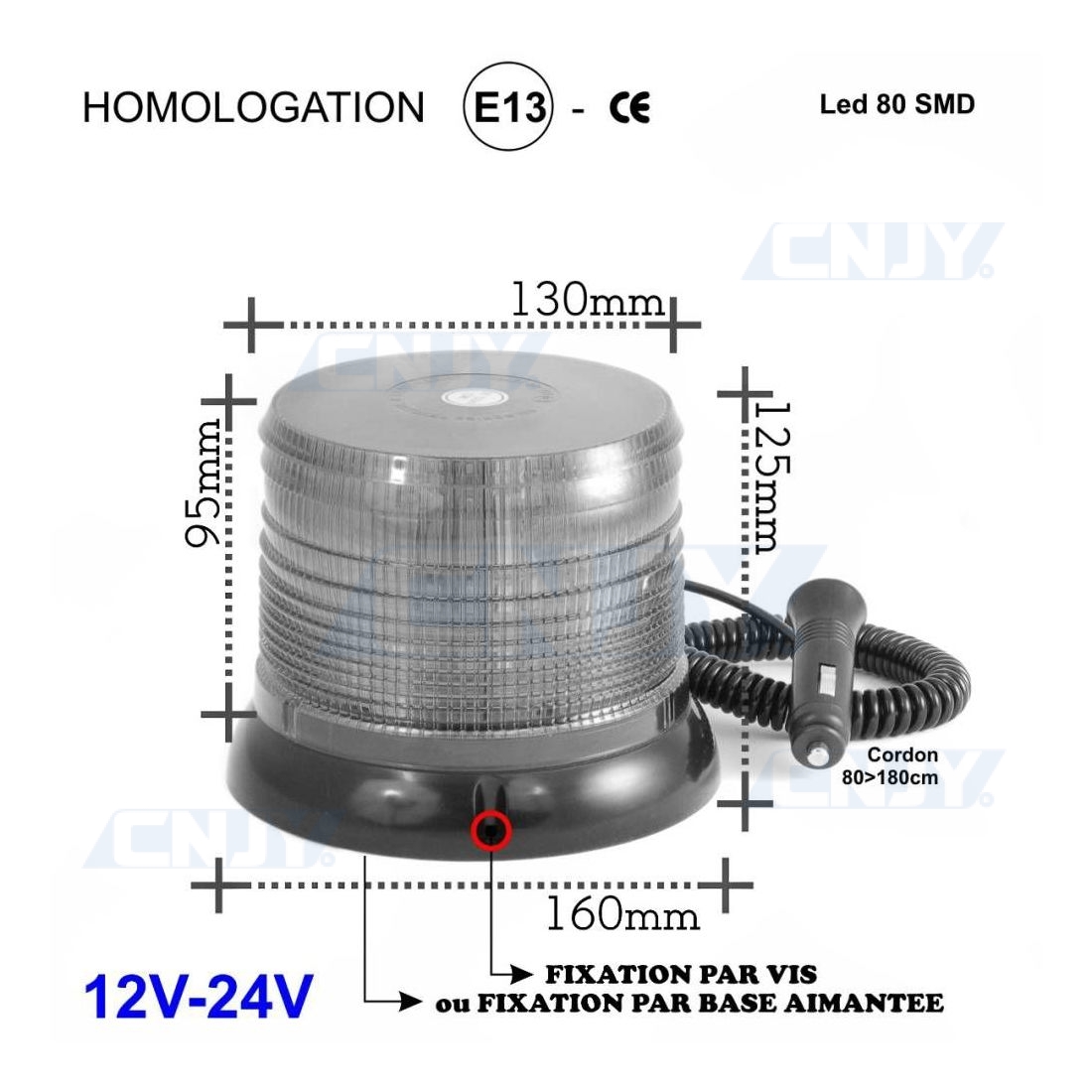 Gyrophare LED 12-24V Orange Rotatif 7 Modes Flash 30 LED R65 E9