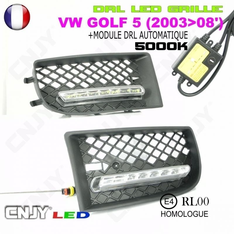 KIT 2 GRILLE DE CALANDRE ANTI BROUILLARD FEUX DE JOUR LED DIURNE DRL VW GOLF 5 V