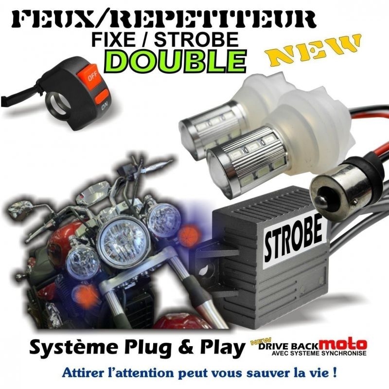 KIT DE 2 FEUX AUXILIAIRE ROND A CREE LED 2x10W POUR MOTO AVEC MODE STROBO  FLASHING