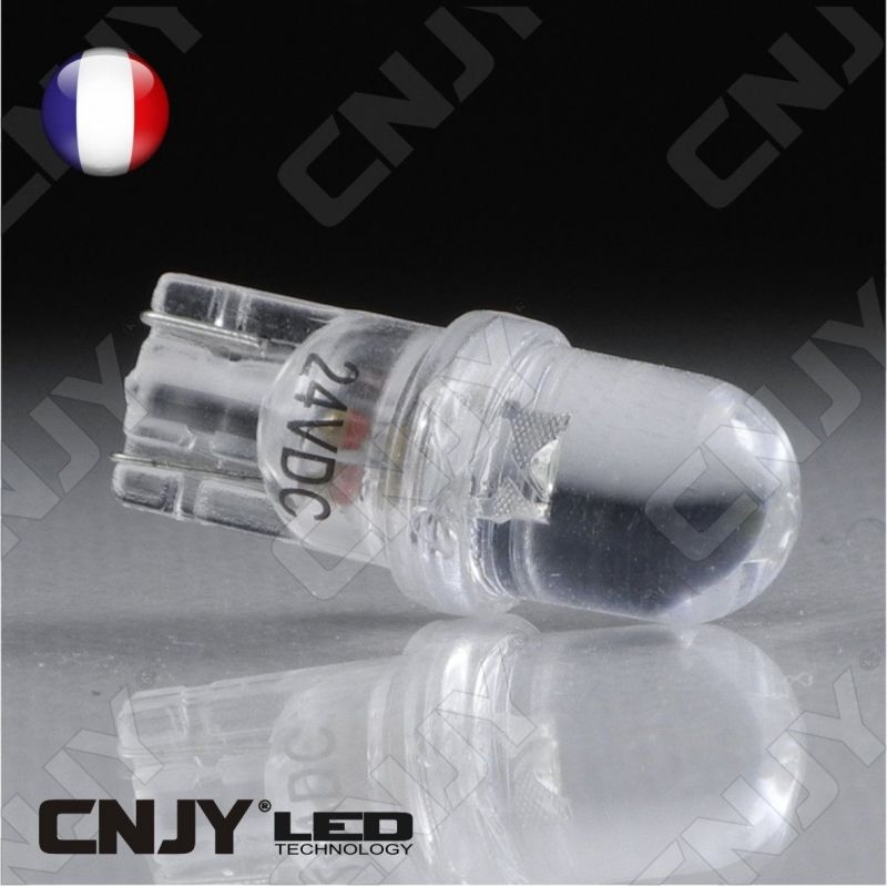 AMPOULE 1 LED CONVEXE T10 W5W 24V DC -CULOT W2.1x9.5D POUR VEILLEUSE, FEUX DE PLAQUE, GABARIT CAMION