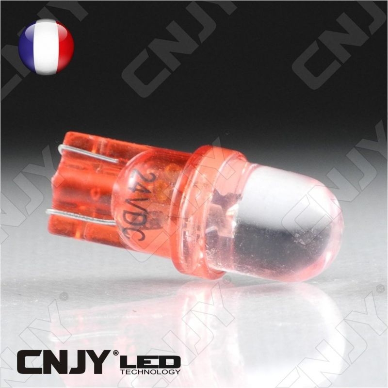 AMPOULE 1 LED ROUGE CONVEXE T10 W5W 24V DC -CULOT W2.1x9.5D POUR VEILLEUSE, FEUX DE PLAQUE, GABARIT CAMION