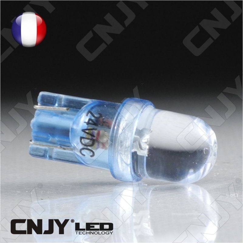 AMPOULE 1 LED BLEU CONVEXE T10 W5W 24V DC -CULOT W2.1x9.5D POUR VEILLEUSE, FEUX DE PLAQUE, GABARIT CAMION