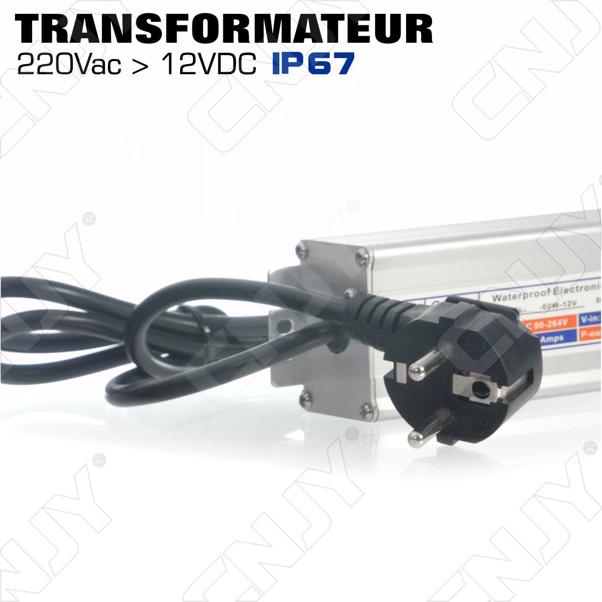 transformateur,ip67,60w,fiche,secteur,220v,12v,dc,bande, eclairage,led,convertisseur,tension,monophase,sortie,polarisee