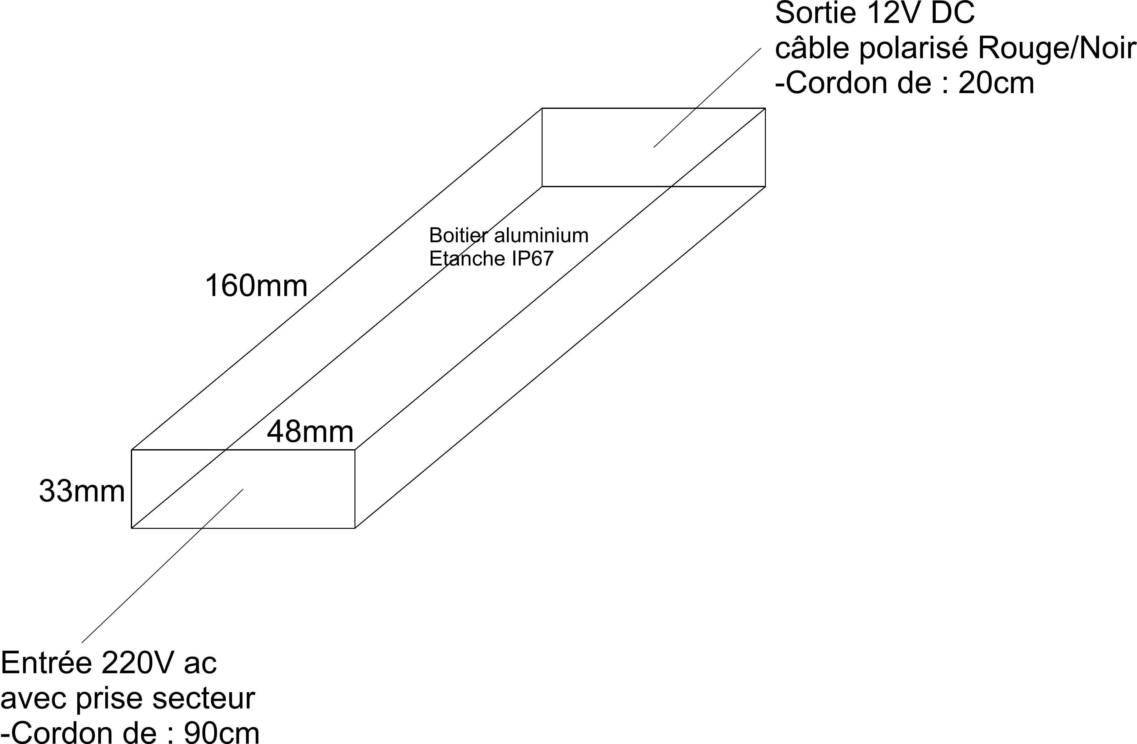 transformateur,ip67,60w,fiche,secteur,220v,12v,dc,bande, eclairage,led,convertisseur,tension,monophase,sortie,polarisee