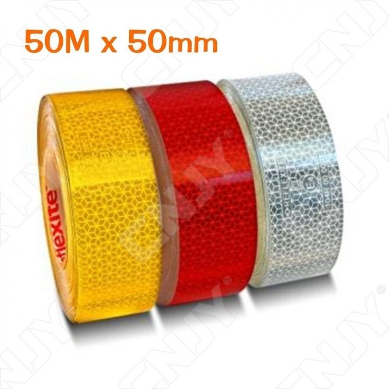 1 ROULEAU 50M x 50mm BANDE DE SIGNALISATION ADHESIVE MARQUAGE SECURITE POUR BÂCHE DE CAMION ROUGE/JAUNE/BLANC REFLEXITE