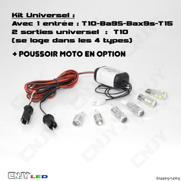 Kit universel avec 1 entrée T10 Ba9S Bax9S T15 2 sortie universel T10 bouton poussoir moto en option