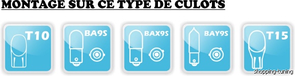 Montage sur ce type de culots, T10, BA9S, BAX9S, BAY9S, T15